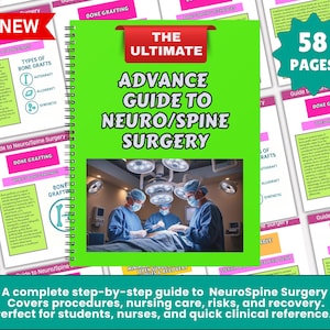 Puede incluir: Una guía encuadernada en espiral titulada "The Ultimate Advance Guide to Neuro/Spine Surgery" con una cubierta verde y una foto de cirujanos. La guía tiene 58 páginas e incluye información sobre injertos óseos.