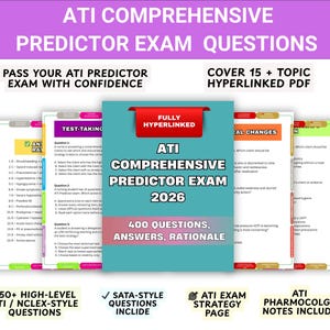 Puede incluir: Una portada en color turquesa y rojo para el Examen Predictor Integral ATI 2026, con el texto "400 Preguntas, Respuestas, Fundamento". La imagen también incluye páginas de preguntas de examen y el texto "Apruebe su examen ATI Predictor con confianza."
