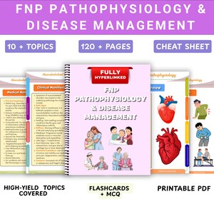 Puede incluir: Una guía de estudio encuadernada en espiral titulada FNP Pathophysiology & Disease Management con más de 120 páginas, 10+ temas y una hoja de trucos. La portada presenta ilustraciones médicas de órganos y pacientes, con texto que indica que está hipervinculado.