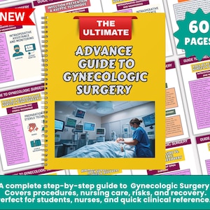 May include: A spiral-bound guide titled "The Ultimate Advance Guide to Gynecologic Surgery" with a photo of a surgical procedure. The cover is yellow with red accents and the text "NEW" is visible.