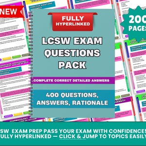 May include: A spiral-bound LCSW exam questions pack with a teal cover, featuring the text "LCSW EXAM QUESTIONS PACK" and "400 QUESTIONS, ANSWERS, RATIONALE." The image also includes the text "FULLY HYPERLINKED" and "200 PAGES."