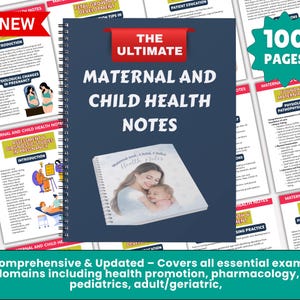 Puede incluir: Un cuaderno encuadernado en espiral titulado "The Ultimate Maternal and Child Health Notes" con 100 páginas. La portada presenta a una madre y un bebé. Se ven páginas adicionales con información médica.