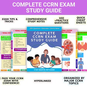 Puede incluir: Una guía de estudio para el examen CCRN, con una portada azul y blanca. La imagen muestra notas de estudio, preguntas de práctica y hojas de trucos rápidas. El texto incluye "Exam Tips & Tricks" y "Organized by Major CCRN Topics."