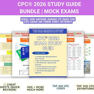 Puede incluir: Un paquete de guías de estudio y exámenes simulados para el examen CPC® 2026. Las guías tienen una combinación de colores amarillo, azul y blanco. El texto incluye "CPC® 2026 Exam Study Guide" y "Cheat Sheets (Quick Revision)".