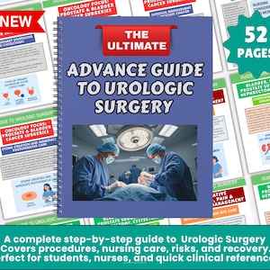 May include: A guide to urologic surgery with a blue cover, spiral-bound. The title is "Advance Guide to Urologic Surgery". The cover shows surgeons in an operating room. The book contains 52 pages and covers procedures and nursing care.