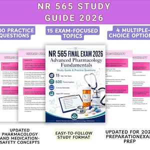 Könnte beinhalten: Ein digitaler Studienführer mit dem Titel NR 565 Final Exam 2026 Advanced Pharmacology Fundamentals. Das Cover zeigt ein Stethoskop, eine Pillendose, ein Fläschchen, ein Klemmbrett und verschiedene Pillen. Hintergrundseiten zeigen Fragen.