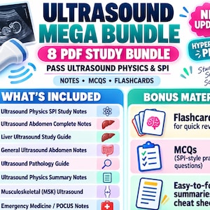 Puede incluir: Un paquete de estudio Ultrasound Mega Bundle con 8 guías en PDF para exámenes de física y SPI. Incluye notas, preguntas de opción múltiple y tarjetas didácticas. Lista ocho temas como abdomen, hígado, patología, MSK y urgencias, más extras.