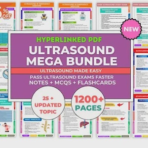 Puede incluir: Una colección de guías de estudio médico, incluyendo un "Ultrasound Mega Bundle" con más de 1200 páginas. Las guías cubren temas como ginecología y medicina de emergencia. El paquete está marcado con una etiqueta "Nuevo" y una promoción "75% de descuento".