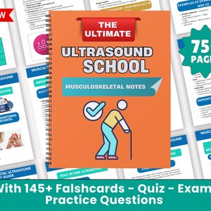 May include: A bright orange and red cover with the text "The Ultimate Ultrasound School" and "Musculoskeletal Notes". An illustration of a person with a cane is in the centre of the cover. The text "With 145+ Flashcards - Quiz - Exams Practice Questions" is at the bottom of the image.