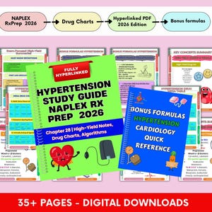 Könnte beinhalten: Sammlung digitaler Studienführer und Schnellreferenzmaterialien für NAPLEX RxPrep 2026. Die Leitfäden behandeln Hypertonie, Kardiologie und Medikamententabellen. Die Cover sind grün und blau mit dem Text "Fully Hyperlinked" und "Bonus Formulas". Der Text "35+ PAGES - DIGITAL DOWNLOADS" ist ebenfalls enthalten.
