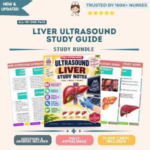 May include: A digital liver ultrasound study guide bundle featuring educational notes, interactive flashcards, and practice questions. The cover displays a red liver illustration, a medical ultrasound probe, and the text Ultrasound Liver Study Notes.
