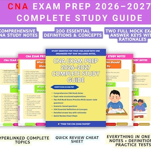 Puede incluir: Una guía de estudio completa para el examen CNA, con el título "CNA EXAM PREP 2026-2027 COMPLETE STUDY GUIDE" en una portada amarilla. Incluye notas de estudio, exámenes simulados, definiciones y pruebas prácticas.