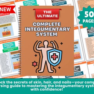 May include: A spiral-bound notebook titled "The Ultimate Complete Integumentary System" with a stylized human figure holding a shield. The cover is brown with red and white text. The image includes the text "50 Pages" and "New".