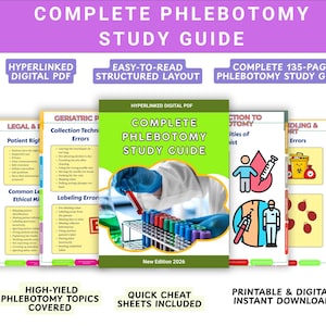 May include: A digital phlebotomy study guide featuring a green cover with a photograph of gloved hands holding a test tube and a rack of blood collection tubes. The guide includes 135 pages, hyperlinked navigation, and quick cheat sheets.