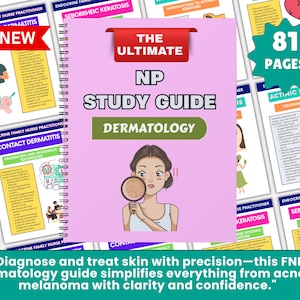 Könnte beinhalten: Ein spiralgebundenes Studienhandbuch mit dem Titel "The Ultimate NP Study Guide Dermatology" mit rosa Einband. Das Cover zeigt eine Illustration einer Frau, die ihre Haut mit einer Lupe untersucht. Das Handbuch hat 81 Seiten und enthält den Text "Diagnostizieren und behandeln Sie die Haut mit Präzision".