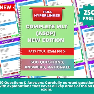 Pode incluir: Um guia de estudo com espiral intitulado "COMPLETE MLT (ASCP) NEW EDITION" com etiquetas "FULL HYPERLINKED" e "250 PAGES". A capa é verde com detalhes em vermelho e inclui "500 QUESTIONS, ANSWERS, RATIONALE". Páginas adicionais com perguntas de hematologia são visíveis.