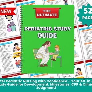 May include: A spiral-bound "Pediatric Study Guide" with a green cover and the text "The Ultimate Pediatric Study Guide." The cover features an illustration of a doctor and a child. The guide is labeled "New" and has 52 pages.
