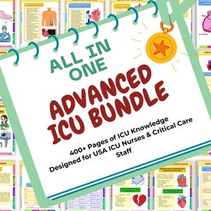 Op de afbeelding: Een verzameling educatief materiaal, waaronder een notitieboek met de tekst "ALL IN ONE ADVANCED ICU BUNDLE" en diverse medische schema's. De bundel is ontworpen voor IC-verpleegkundigen en kritieke zorgmedewerkers, met meer dan 400 pagina's IC-kennis.