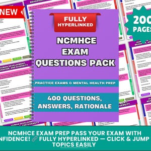 May include: A spiral-bound NCMHCE Exam Questions Pack with a purple cover, featuring the text "NCMHCE EXAM QUESTIONS PACK" and "400 QUESTIONS, ANSWERS, RATIONALE." The pack includes 200 pages and is fully hyperlinked.