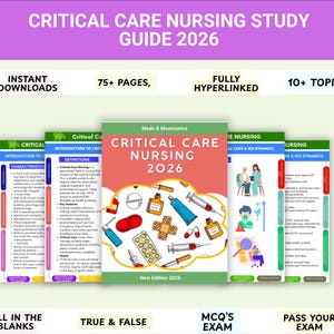 Puede incluir: Una pila de guías de estudio para enfermería de cuidados críticos, titulada "Guía de estudio de enfermería de cuidados críticos 2026". Las guías son de varios colores y presentan ilustraciones médicas. El texto incluye "Descargas instantáneas" y "75+ páginas".