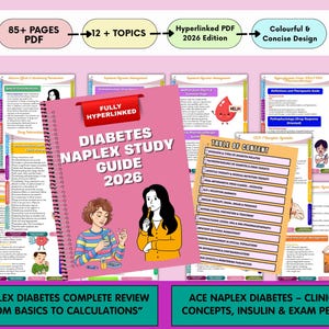 Könnte beinhalten: Ein rosa Studienführer mit dem Titel "Diabetes Naplex Study Guide 2026" mit dem Text "Fully Hyperlinked". Der Führer enthält Illustrationen und ein Inhaltsverzeichnis. Zusätzlicher Text lautet "Naplex Diabetes Complete Review" und "Ace Naplex Diabetes - Clinical Concepts."