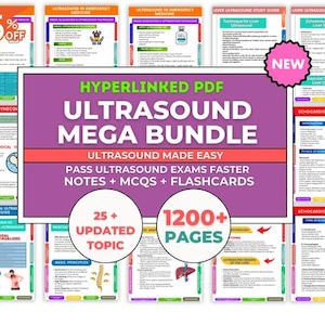 Könnte beinhalten: Eine Sammlung von Lernmaterialien und Notizen für Ultraschallprüfungen. Das zentrale Bild zeigt ein großes lila Banner mit dem Text "ULTRASOUND MEGA BUNDLE" und "ULTRASOUND MADE EASY". Das Bundle umfasst über 1200 Seiten Inhalt.