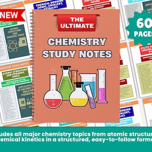 Może przedstawiać: Spiralnie oprawiony notatnik zatytułowany "THE ULTIMATE CHEMISTRY STUDY NOTES" z naczyniami laboratoryjnymi na okładce. Obraz zawiera strony z tematami chemicznymi i czerwony baner ze słowem "NEW".