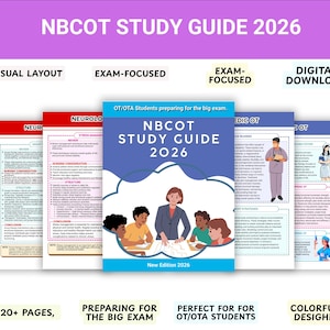 Könnte beinhalten: Ein Studienführer mit dem Titel "NBCOT STUDY GUIDE 2026" mit blauem Umschlag und Illustrationen. Der Leitfaden ist prüfungsorientiert, mit visuellem Layout und digitalen Download-Optionen. Er ist für OT/OTA-Studenten konzipiert und umfasst über 120 Seiten.