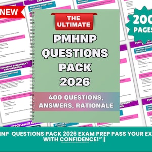 Puede incluir: Un paquete de preguntas PMHNP 2026 encuadernado en espiral con una cubierta verde, una pancarta roja y el texto "THE ULTIMATE". La portada muestra "PMHNP QUESTIONS PACK 2026" y "400 QUESTIONS, ANSWERS, RATIONALE". Incluye etiquetas "200 PAGES" y "NEW".