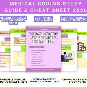Guía de estudio y hoja de referencia de codificación médica 2026 / Notas de facturación CPT HCPCS ICD-10-CM / PDF imprimible de más de 220 páginas
