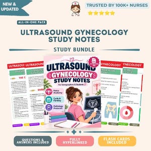 May include: An ultrasound gynecology study notes bundle featuring a central cover page with an illustration of a person using an ultrasound machine, surrounded by informational pages on pelvic anatomy, cycle, fertility, and pathology protocols.