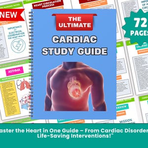 May include: A spiral-bound "Cardiac Study Guide" with a blue cover featuring a human torso illustration and the text "The Ultimate Cardiac Study Guide." The guide has 72 pages and includes notes on cardiac disorders and respiratory systems.