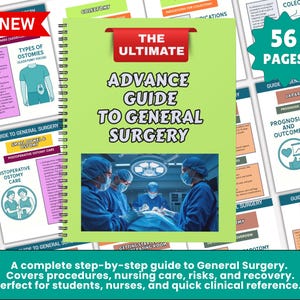Op de afbeelding: Een spiraalgebonden gids getiteld "The Ultimate Advance Guide to General Surgery" met een groene kaft en een foto van chirurgen in een operatiekamer. De gids is gelabeld "NIEUW" en heeft 56 pagina's. Andere pagina's tonen medische illustraties.