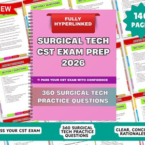 Op de afbeelding: Een spiraalgebonden studieboek getiteld "SURGICAL TECH CST EXAM PREP 2026" met 140 pagina's. De roze omslag heeft witte tekst en een rode banner met "FULLY HYPERLINKED". Het biedt 360 oefenvragen en duidelijke, beknopte uitleg.