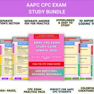May include: AAPC CPC Exam Study Bundle with the text "AAPC CPC EXAM STUDY GUIDE UPDATE 2026". The bundle includes a practice pack with 600 questions, answers, and rationale, plus colorful cheat sheets. The bundle is designed for CPC students.