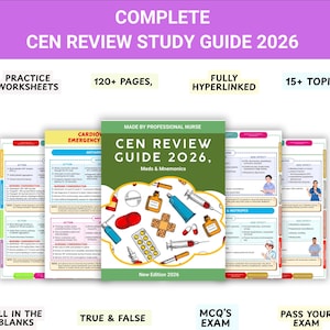 Op de afbeelding: Een studiehandleiding getiteld "CEN Review Guide 2026" met de tekst "Meds & Mnemonics". De gids bevat oefenbladen, meer dan 120 pagina's en is volledig hyperlinked. De gids behandelt meer dan 15 onderwerpen en bevat meerkeuzevragen en waar/niet waar examens.