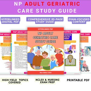 May include: A digital NP Adult Geriatric Care Study Guide in PDF format. The cover features a group illustration of diverse people and the text NP Adult Geriatric Care Study Guide. The guide includes 85 pages of exam-focused content and high-yield topics.