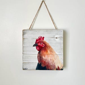 Stanley the Rooster – Original 10x10 Acrylic Chicken Painting on Wood by Madison Byler – Farmhouse Wall Art with Twine Hanger