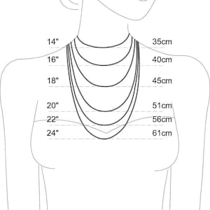 Puede incluir: Diagrama que muestra las longitudes de los collares en pulgadas y cent&iacute;metros. Las longitudes son 14 pulgadas (35 cm), 16 pulgadas (40 cm), 18 pulgadas (45 cm), 20 pulgadas (51 cm), 22 pulgadas (56 cm) y 24 pulgadas (61 cm).