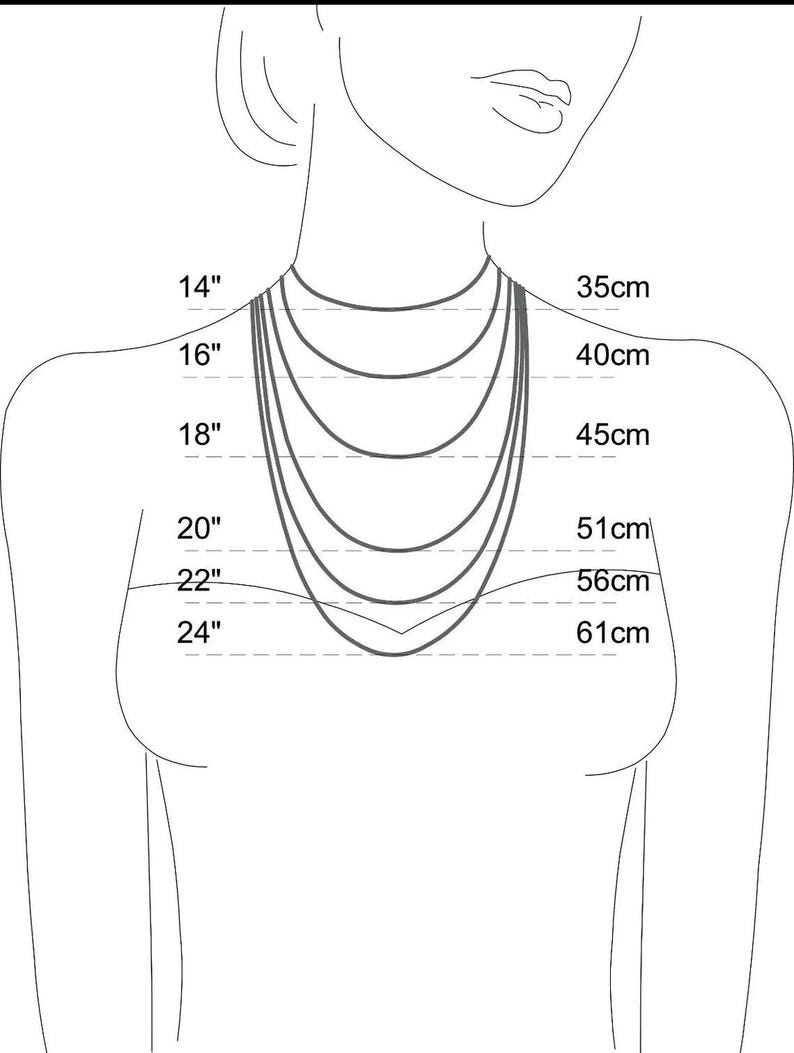 Puede incluir: Diagrama que muestra las longitudes de los collares en pulgadas y cent&iacute;metros. Las longitudes son 14 pulgadas (35 cm), 16 pulgadas (40 cm), 18 pulgadas (45 cm), 20 pulgadas (51 cm), 22 pulgadas (56 cm) y 24 pulgadas (61 cm).