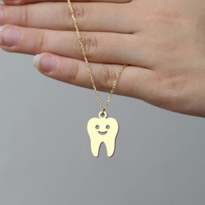 Gold Tooth Necklace, Dentist Jewelry Gift - Cute Smiling Tooth Pendant Necklace, Dental Student Gift - Dainty Gold Plated Charm