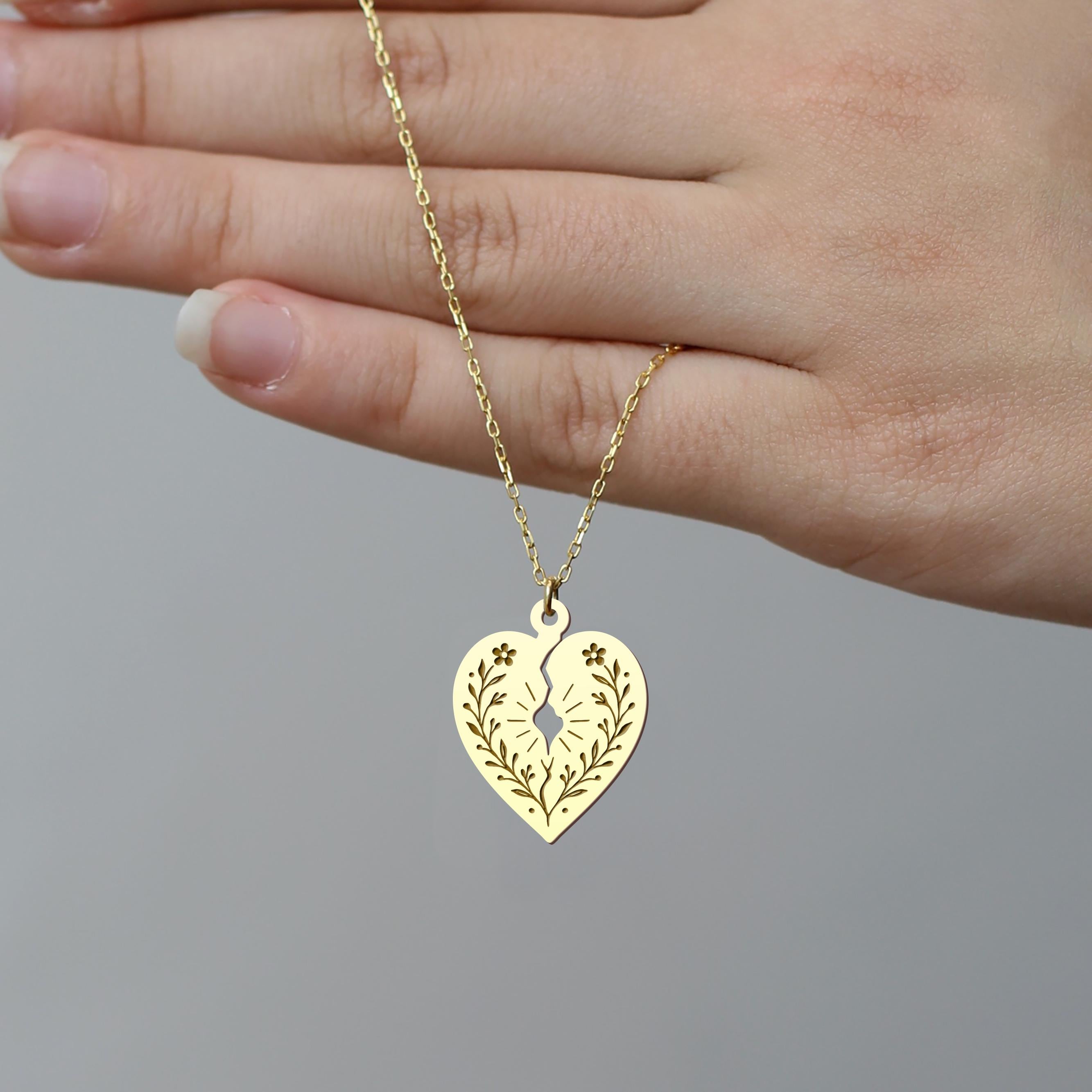 Gold Broken Heart Necklace Boho Floral Heart Jewelry 925