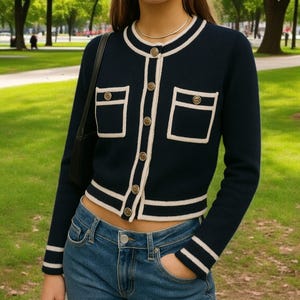 Vintage inspirierte weiße Strickjacke mit schwarzer Borte und goldenen Knöpfen - Y2K Ästhetik, weicher femininer Pullover für Frauen
