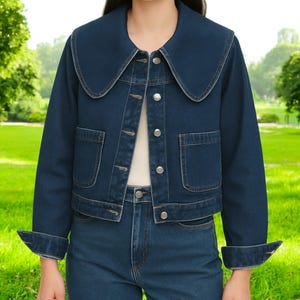 Women’s Blue Denim Jacket with Oversized Peter Pan Collar – Vintage-Inspired Jean Coat, Casual Retro Outerwear, Unique Denim