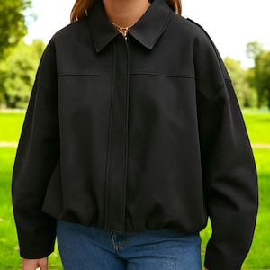 Black Harrington Bomber Jacket, Women Wear Front Open, Bomber With Collar Oversized Jacket, Boho y2k Jacket, timeless retro pattern