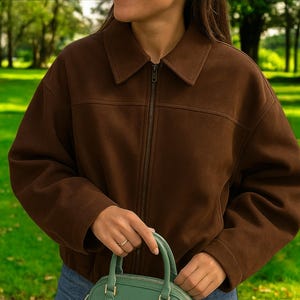Brown Harrington Bomber Jacket, Women Wear Front Open, Coffee Bomber With Collar Oversized Jacket, Boho y2k Jacket, timeless retro pattern