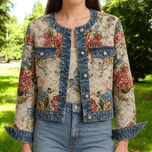 Peut inclure: Veste à motifs floraux avec des détails en jean. La veste présente un fond crème avec un motif floral rouge, bleu et vert. Elle est ornée de bordures, de poches et de poignets en jean. La veste est boutonnée et portée avec un haut assorti et un jean bleu.