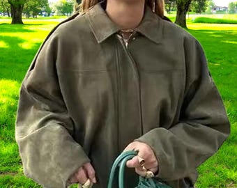 Green Harrington Bomber Jacket: Women's Oversized Cotton Y2K Jacket