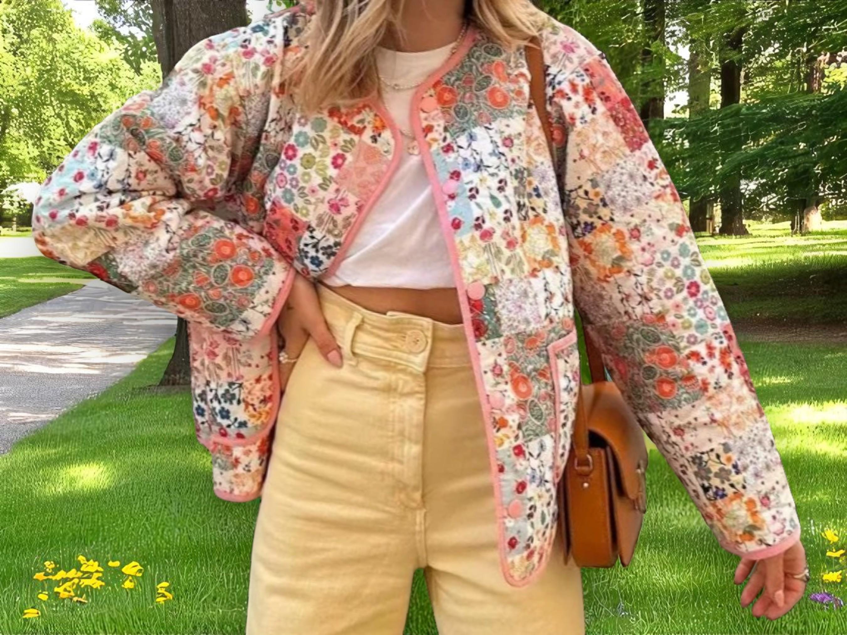 Floral Patchwork Quilted Jacket, Women Wear Front Open