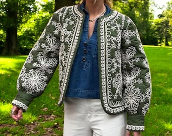 Green Cropped Cotton Jacket: Embroidered Boho Y2K Style